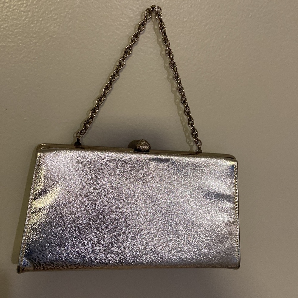 Vintage Silver Metallic Evening Bag Clutch Chain Strap 1960s Style Formal - Picture 4 of 11